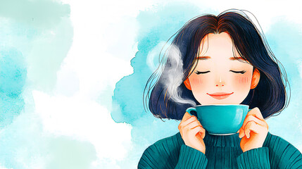 Young dark short hair woman in blue sweater enjoying hot coffee cup on a blue background. World Coffee Day concept. Banner. Copy space. Watercolor illustration.