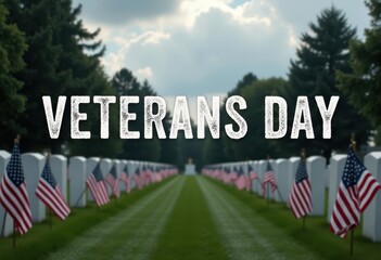 Wall Mural - Veterans Day celebration at a cemetery with flags and headstones under a cloudy sky