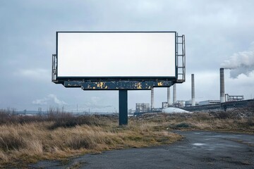 Blank Billboard Against Industrial Smokestacks