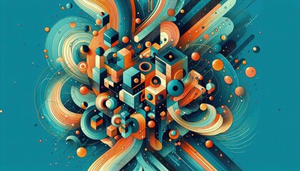 Wall Mural - 4K Abstract wallpaper colorful design, shapes and textures, colored background, teal and orange colores.