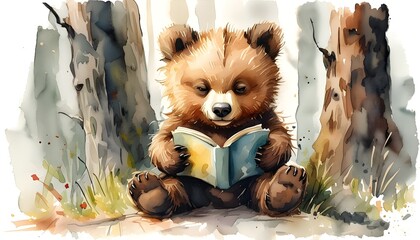 The cute bear sat on the grass and read a book attentively, in watercolor style