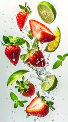 Canvas Print - Strawberries, Lime and Mint in Water.