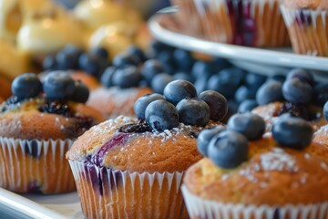 Sticker - Delicious blueberry muffins topped with fresh blueberries and powdered sugar