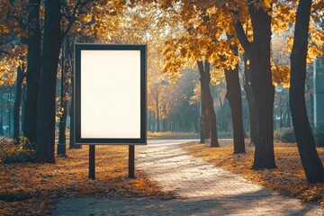 Poster - Blank Billboard in a Fall Foliage Forest Path