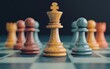 © Natalia - A close-up shot of colorful wooden chess pieces on a chessboard, with the yellow king standing prominently in the center, representing strategy and leadership.