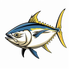 Tuna Hunting. Black Fin Tuna Fish in Isolated Blue and White Illustration