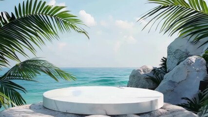 Wall Mural - Podium on the stone with sea and palm leaves background.