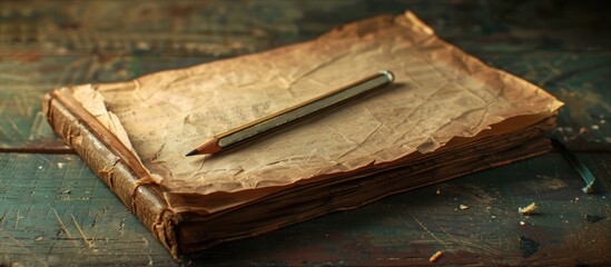 Sticker - Old desk with a blank book and pencil ideal for copy space image