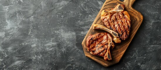 Poster - Top view of sliced grilled pork chop or T bone steak on a wooden board set against a gray background with available copy space image