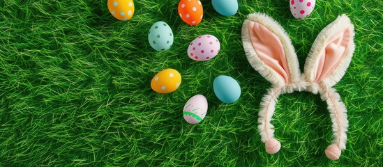 Aufkleber - Easter themed headband with adorable bunny ears painted eggs and copy space image on a grassy background in a flat lay style perfect for the Easter holiday