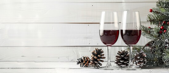 Poster - Holiday concept depicted with a Christmas tree cones and two wine glasses set on a white wooden backdrop offering a charming copy space image