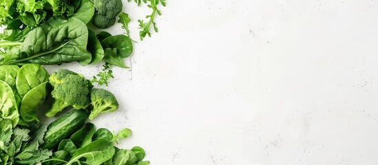 Poster - High angle view of green vegetables on a white backdrop with copy space image