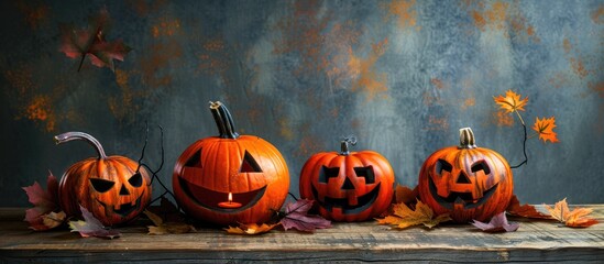 Poster - Halloween pumpkins on a wooden table with a grey background providing ample copy space for an image