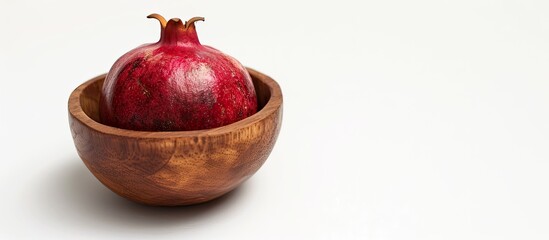 Aufkleber - A pomegranate inside a wooden cup on a white background with copy space image available