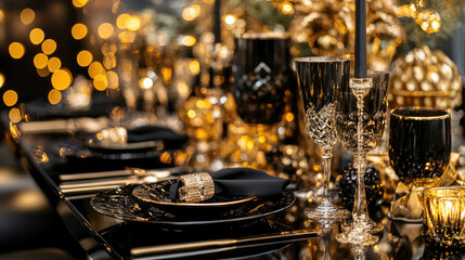 Wall Mural - An Elegant Black and Gold Table Setting Designed for a Luxurious and Stylish Event