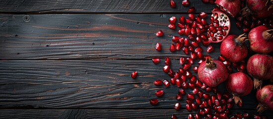 Poster - Top view of a heap of sliced pomegranate on a sleek dark wooden surface with copy space image