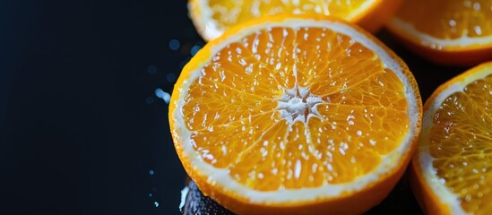Aufkleber - Juicy orange slices beautifully contrasted against a black backdrop ideal for a copy space image