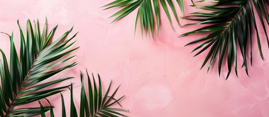 Fototapete - Tropical palm leaves on a soft pink surface create a summery scene with ample copy space for creative purposes depicting a vibrant summer concept