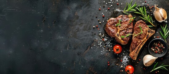 Wall Mural - Savory t bone steak with seasonings on a dark surface with copy space image