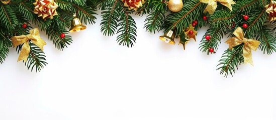 Sticker - Festive Christmas border with fir branches golden bows and bells on a white backdrop ideal for a copy space image