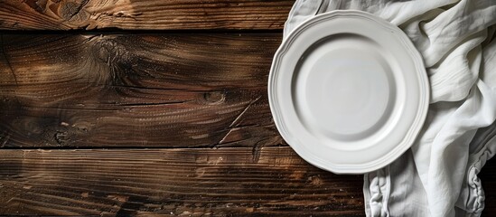 Poster - Wooden table background with an empty white plate and napkin providing a clean and classic copy space image