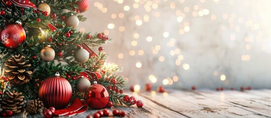 Poster - Festive Christmas backdrop with a decorated tree and ornaments against a copy space image