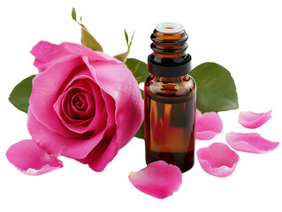 rose essential oil with flowers isolated on white background