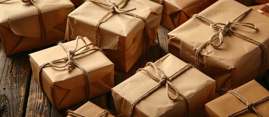 Sticker - Numerous brown gift boxes wrapped in craft paper and tied with hemp cord placed on a wooden surface ideal for a copy space image