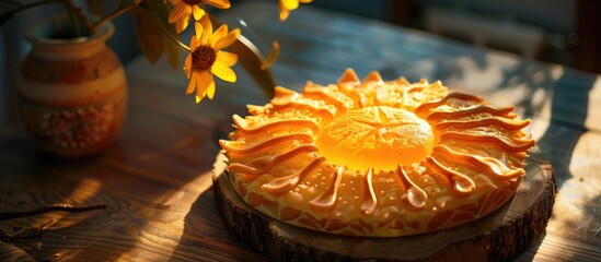 Canvas Print - A stunning homemade cake shaped like the sun crafted with your hands ideal for use as a copy space image