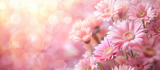 Fototapete - A festive background with delicate gerbera flowers in full bloom frames a soft pastel floral card Selective focus highlights the beauty of the image. Creative banner. Copyspace image