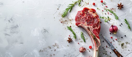 Poster - Top view of a raw tomahawk steak with spices and herbs on a white stone background ideal for cooking with the possibility of adding text with a copy space image