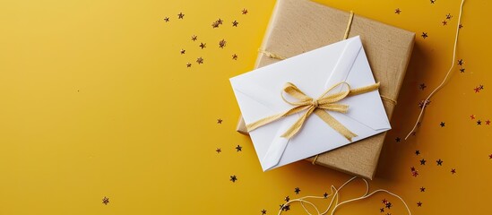 Poster - Gift box envelope and white sheets are elegantly displayed on a yellow backdrop with plenty of copy space image available