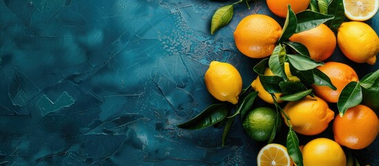 Poster - Group of ripe citrus fruits including lemons and oranges with green leaves on an old blue background Representing a harvest and healthy food concept in a vintage style with a top view and copy space i