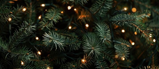 Poster - A seamless texture showcasing fir tree branches adorned with lovely Christmas lights and bokeh ideal as a background for holiday design concepts with copy space image