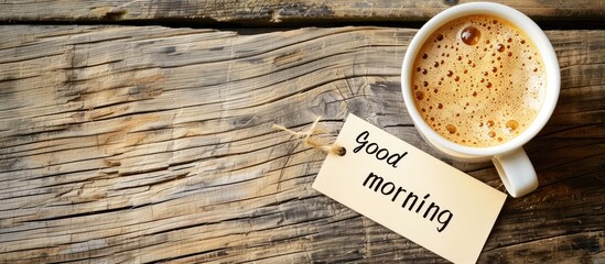 Poster - Wooden background with a note saying good morning beside a cup of coffee providing ample copy space image