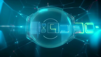 Wall Mural - video of futuristic holographic interface with neon blue elements, displaying data and technological