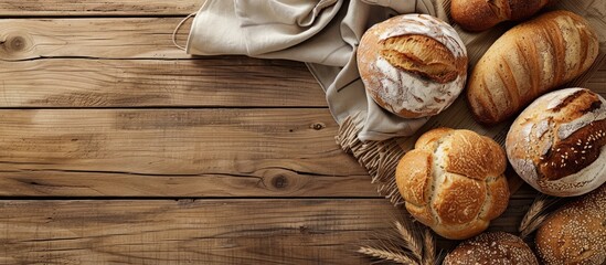 Poster - Various freshly baked breads displayed on a beige kitchen towel against a wooden background captured from above with room for copy space image