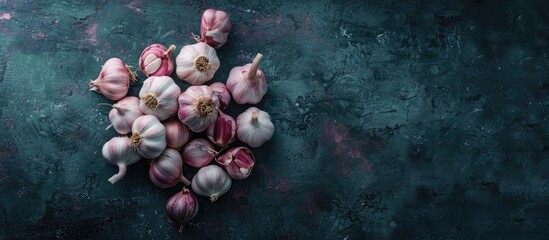 Poster - Garlic viewed from above against a dark backdrop with ample copy space image