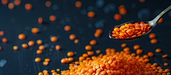 Wall Mural - Red lentils on a spoon with a dark background providing a perfect copy space image