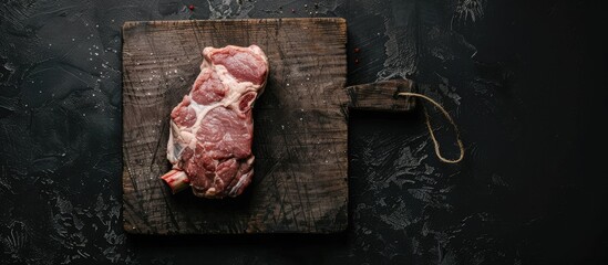 Poster - Copy space image of a raw pork knuckle or hoof on a cutting board with feet set against a black background in a top view