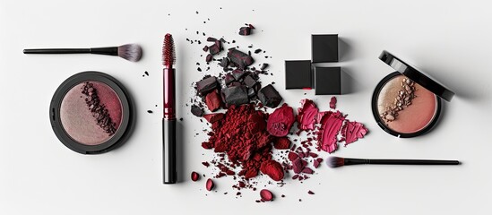 Wall Mural - Top view copy space image of an eyeshadow palette rouge powder brushes and lipstick arranged on a white background for makeup display