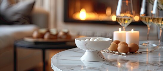 Poster - White marble table with a fondue set providing copy space image