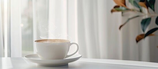 Poster - A steaming cup of coffee on a white table with a copy space image