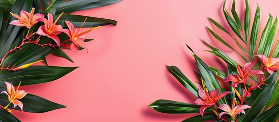 Wall Mural - A vibrant flat lay design featuring heliconia flowers and leaves on a pink vintage backdrop ideal for a web banner with copy space image