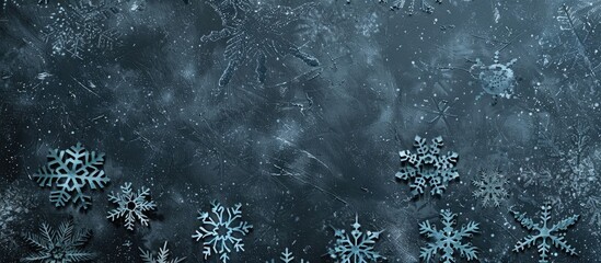 Fototapete - Unique Christmas backdrop featuring blue snowflakes on a dark gray background with space for additional images