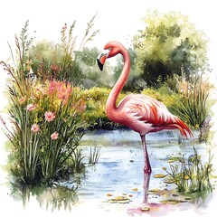 Wall Mural - Watercolor Illustration of a Flamingo Standing in a Pond with Lush Green Plants.