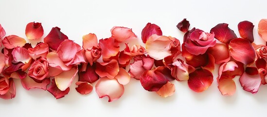 Fototapete - A floral arrangement crafted with rose petals forming a border on a white backdrop with a clear area for other elements or text copy space image