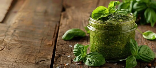 Sticker - A traditional Italian basil pesto sauce is showcased in a glass jar on a rustic wooden table providing a beautiful copy space image