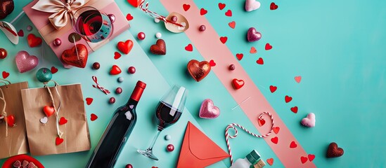 Aufkleber - Top down photo of Valentine s Day decorations shopping elements like bags wine envelopes gifts candies and hearts on a colorful backdrop with a designated area for additional imagery
