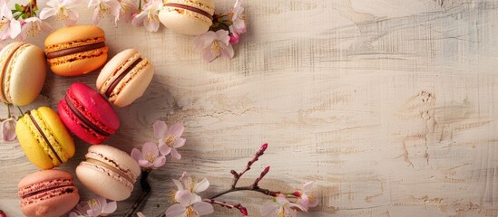 Poster - Various macaroons set against a light wooden backdrop with cherry branches providing a charming and colorful copy space image